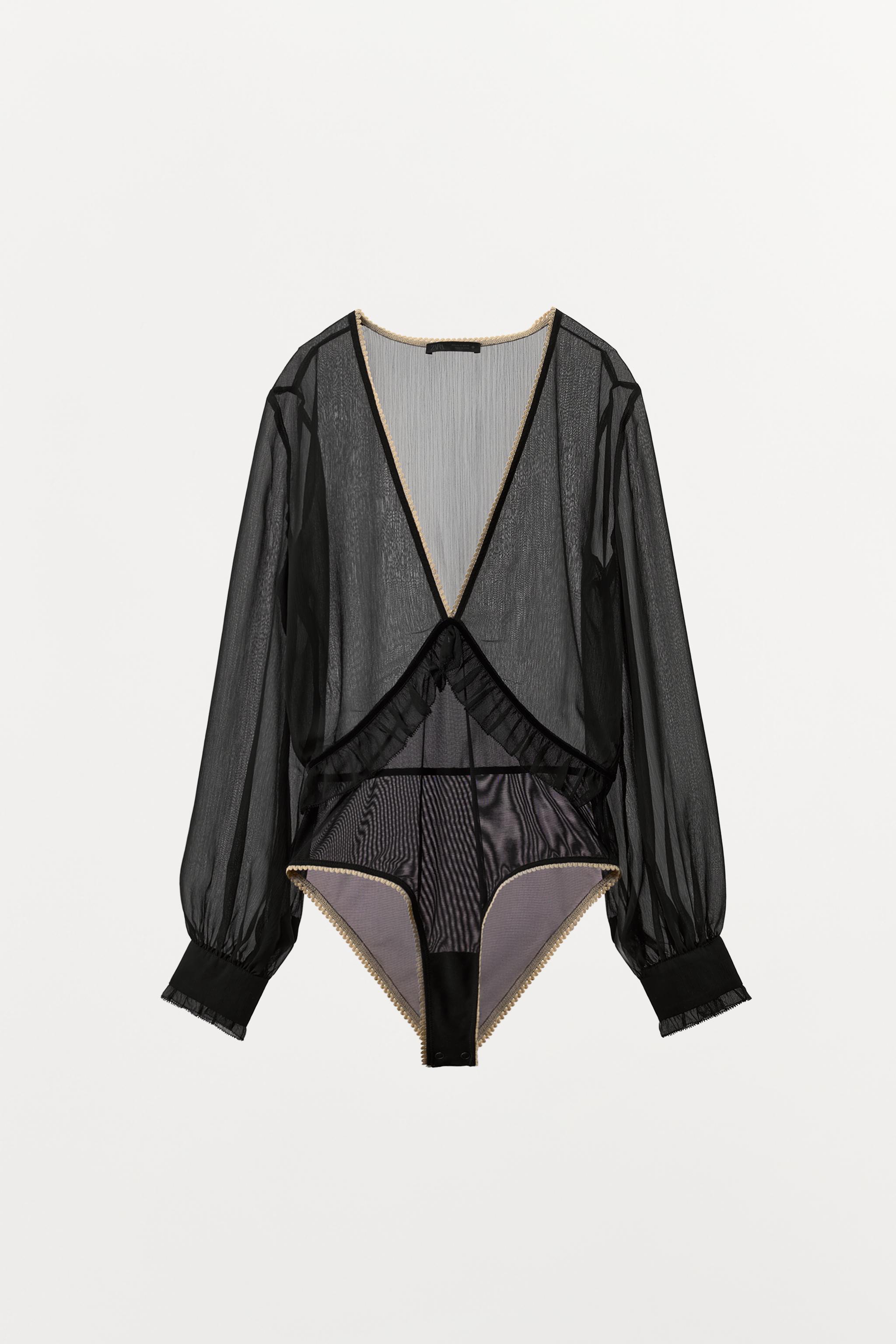 CONTRAST LACE TRIM RUFFLED BODYSUIT